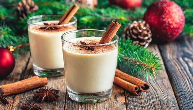 traditional christmas drinks cocktail eggnog with cinnamon in glass on wooden table