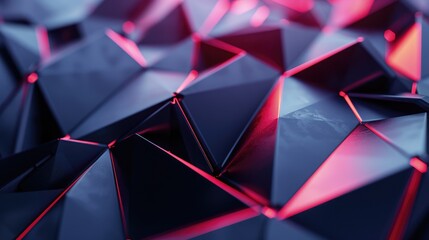 close up of a futuristic geometric background. The background consists of multiple interlocking pyramids with glowing red highlights. 