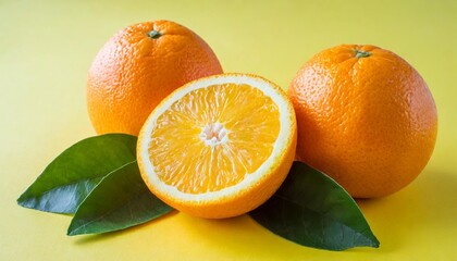 close up image of juicy organic whole and halved oranges with green leaves and visible core texture isolated yellow background