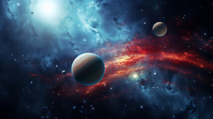 A stunning depiction of a serene planetary system backed by a tranquil blue nebula, with planets in harmonious alignment