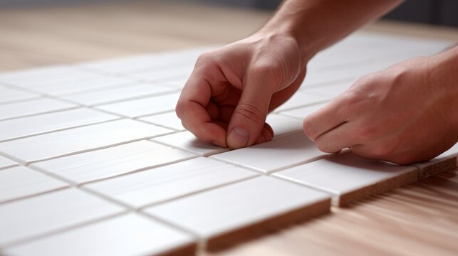  Installing laminated floor, detail on man hands holding wooden tile.