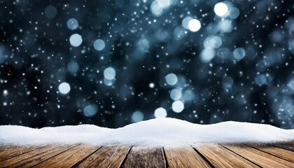 winter snowy blurred black background and wooden flooring