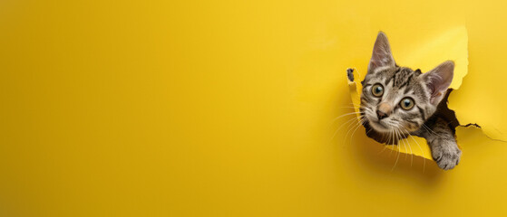 A young striped kitten with wide eyes and a curious expression peeks out from a ripped yellow paper background