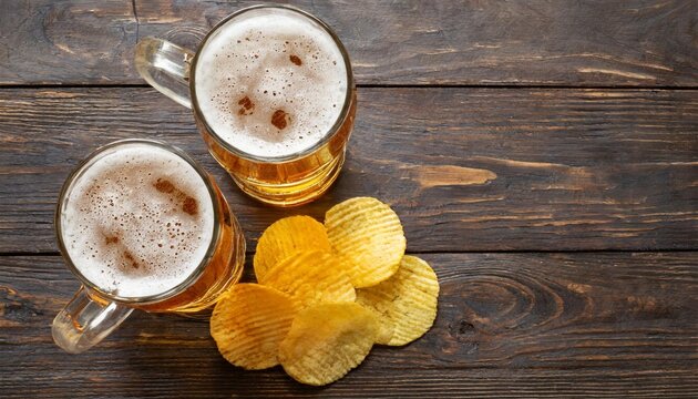 two glasses of beer and chips on a dark wooden background viewed from above with space for text