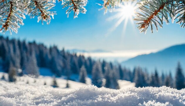 christmas background with fir branches covered with snow winter holiday beautiful snowy spruce trees in frozen mountains landscape in blurred background happy new year card bokeh light snowflake