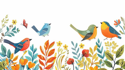 Obraz premium watercolor illustration, International Bird Day, small birds flying among leaves and flowers, vintage style, copy space, place for text