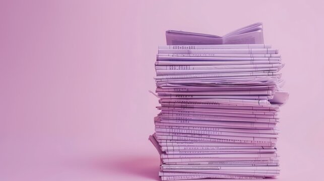 Stack of newspapers on light violet background, copy space. generative AI image