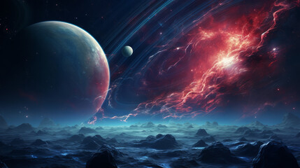 A surreal extraterrestrial seascape under cosmic skies with a large planet and moons contrasting with the night sky