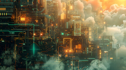 Futuristic cityscape with glowing circuitry