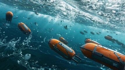 3D render of a fleet of robotic drones skimming the ocean surface collecting plastic waste with precision and efficiency
