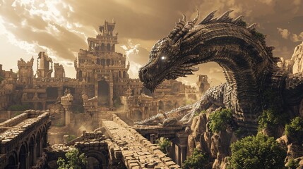3D render of a forgotten city swallowed by the earth its central plaza dominated by a colossal dragon statue eyes aglow with an unknown power
