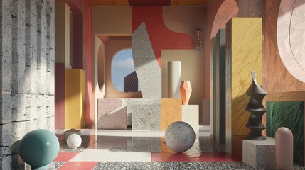 3D render of a digital art gallery showcasing a collection of Cubist and AvantGarde masterpieces with interactive threedimensional interpretations of famous works