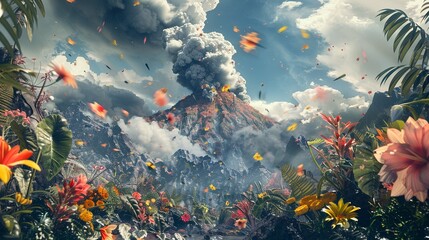 Fototapeta na wymiar 3D render of a fantasy scene where a volcanos smoke plume is a swirling mix of flowers and leaves creating a natural spectacle