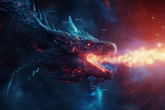 3D render of a dragon emitting a plasma breath lighting up the dark void of space as it battles a fleet of starships