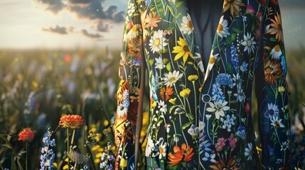 3D render of a modern suit where the fabric seamlessly transitions into a burst of wildflowers symbolizing the blend of urban and natural