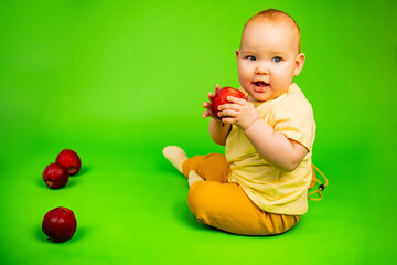 Fototapeta na wymiar Baby Eating Red Apple. A baby is sitting holding an apple and taking a bite. The child seems to be enjoying the healthy snack while sitting in a relaxed position.