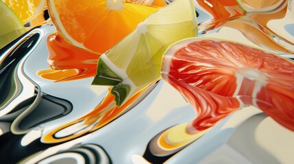 underwater scene where slices of lemon and oranges are submerged, creating a dynamic interplay of colors and shapes. The water’s ripples add an abstract quality to the composition,