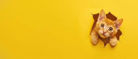 A curious ginger kitten with large, expressive eyes pokes head through a hole in a yellow background