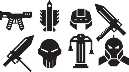 Obraz premium Set Greyscale cyberpunk video game symbol. Hand drawn vector illustration