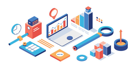 Isometric illustration design concept. Analyze data and search SEO optimization