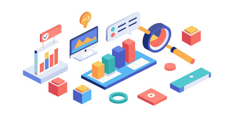 Isometric illustration design concept. Analyze data and search SEO optimization