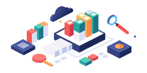 Fototapeta premium Isometric illustration design concept. Analyze data and search SEO optimization
