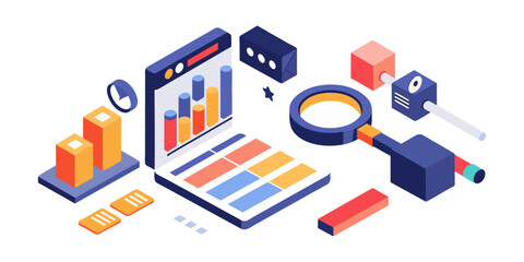 Obraz premium Isometric illustration design concept. Analyze data and search SEO optimization
