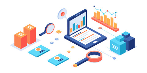 Isometric illustration design concept. Analyze data and search SEO optimization