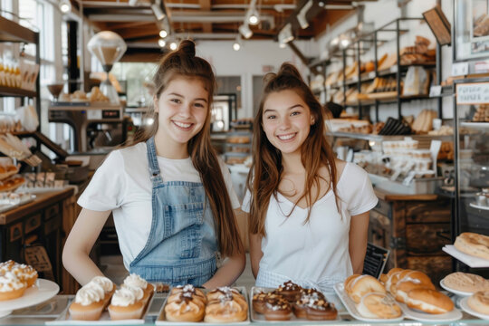 A professional photoshoot of two girls in a bakery. They are standing full-length, the freshly baked goods around them.