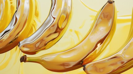 A bunch of bright yellow bananas with water droplets glistening on their skins. The bananas vary in ripeness and are connected at the base on a green stem. - obrazy, fototapety, plakaty