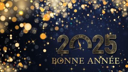 carte ou bandeau pour souhaiter une bonne année 2025 en or le 0 est une horloge sur fond dégradé bleu foncé avec des étoiles et des cercles de couleur or en effet bokeh