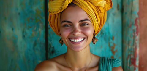a smiling woman wearing a yellow turban - obrazy, fototapety, plakaty