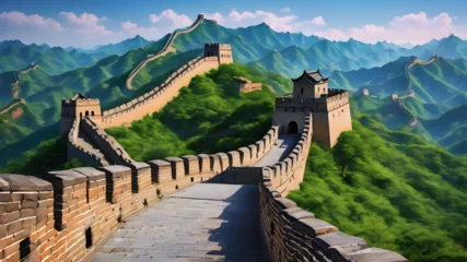 Plexiglas foto achterwand Detailed, vibrant illustration of the Great Wall of China, vivid and vibrant colors, well-detailed, summer, sunny day, realistic and beautiful illustration, style Matisse. © Muhammad