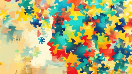 watercolor illustration, World Autism Awareness Day, silhouette of a boy's child's head from colorful puzzles, abstract rainbow background, vintage style