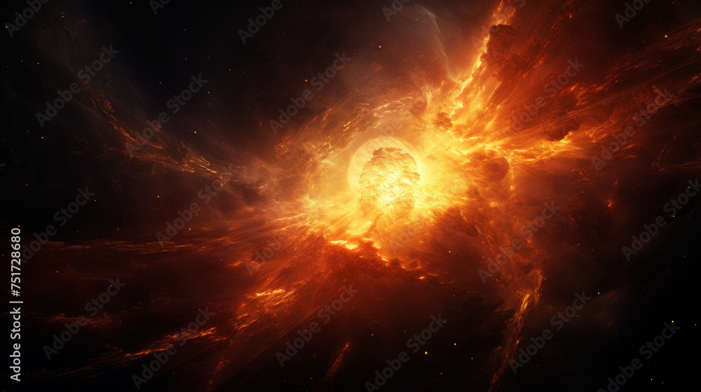Poster an epic representation of an explosion in space with a bright central star surrounded by intense fla