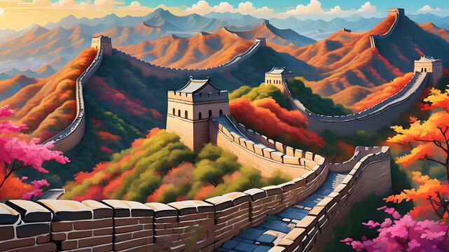 Detailed, vibrant illustration of the Great Wall of China, vivid and vibrant colors, well-detailed, summer, sunny day, realistic and beautiful illustration, style Matisse.