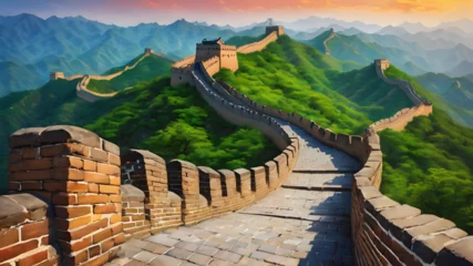 Poster Detailed, vibrant illustration of the Great Wall of China, vivid and vibrant colors, well-detailed, summer, sunny day, realistic and beautiful illustration, style Matisse. © Muhammad