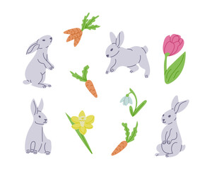 Spring collection of flat bunnies and flowers. Easter concept. Sketchy hand drawnelements on white background. Ideal for decoration, stickers, greetings, banner and background