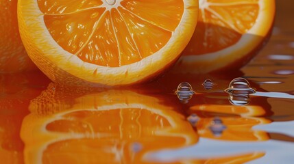 A vibrant still life painting of citrus fruits, including oranges and grapefruits, floating in clear water. Sunlight dances through the bubbles, highlighting the colorful citrus slices and casting pla - obrazy, fototapety, plakaty