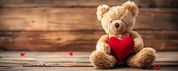 A sweet teddy bear with a heart sitting on a wooden table. Concept Teddy Bear, Heart, Wooden Table, Sweet, Cute