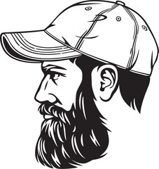 Hipster Fashion Man with Baseball Cap and Beard. Black and White. Vector Illustration.