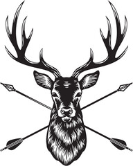 Deer Head with Crossed Arrows Black and White. Vector Illustration.