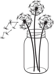 Dandelion Flowers in a Glass Jar Black and White. Vector Illustration.