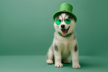 Happy husky puppy in a green hat and sunglasses on green background with copy space for text. Small husky dog in leprechaun hat. St Patrick Day themed pet photo