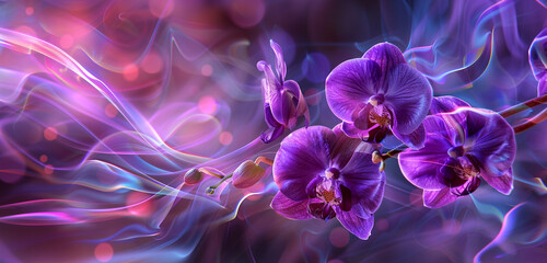 Amethyst orchids against a holographic canvas, a surreal dance of color and light.