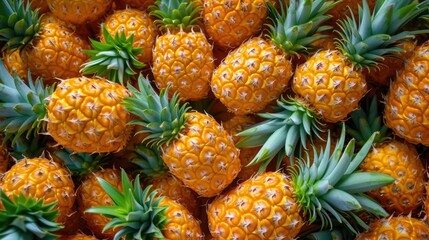 A vibrant close-up of a tropical bounty: golden pineapples with spiky green tops. Some are sliced...