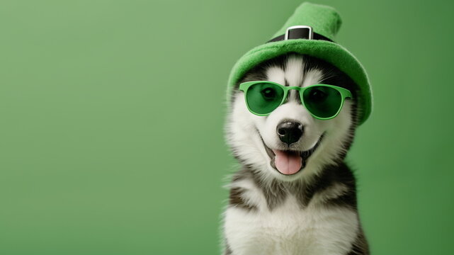 Husky dog on plain green studio background with copy space for text. Happy husky puppy in a green leprechaun hat and sunglasses. St Patrick Day themed animal photo for festive horizontal banner