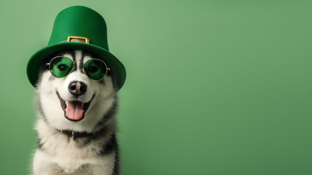 Happy husky in a green leprechaun hat and sunglasses. Husky dog on plain green studio background with copy space for text. St Patrick Day themed animal photo for festive horizontal banner