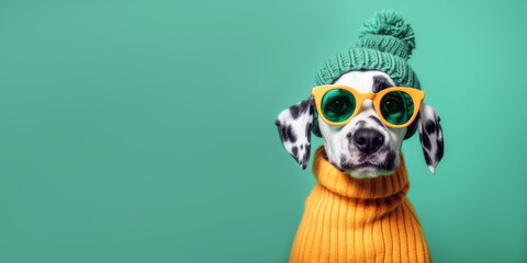 Dalmatian puppy in orange sweater, yellow sunglasses and green hat on plain green studio background. Dog in human clothes on green background with copy space for text.
