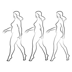 Collection. Silhouette of a beautiful woman figure. The lady is standing. The girl is thin, slender, and the woman is fat. Set of vector illustrations.